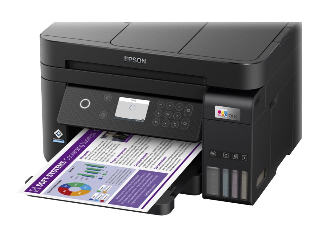 Schwarzer Epson-Drucker, der ein Dokument mit farbenfrohen Diagrammen druckt.
