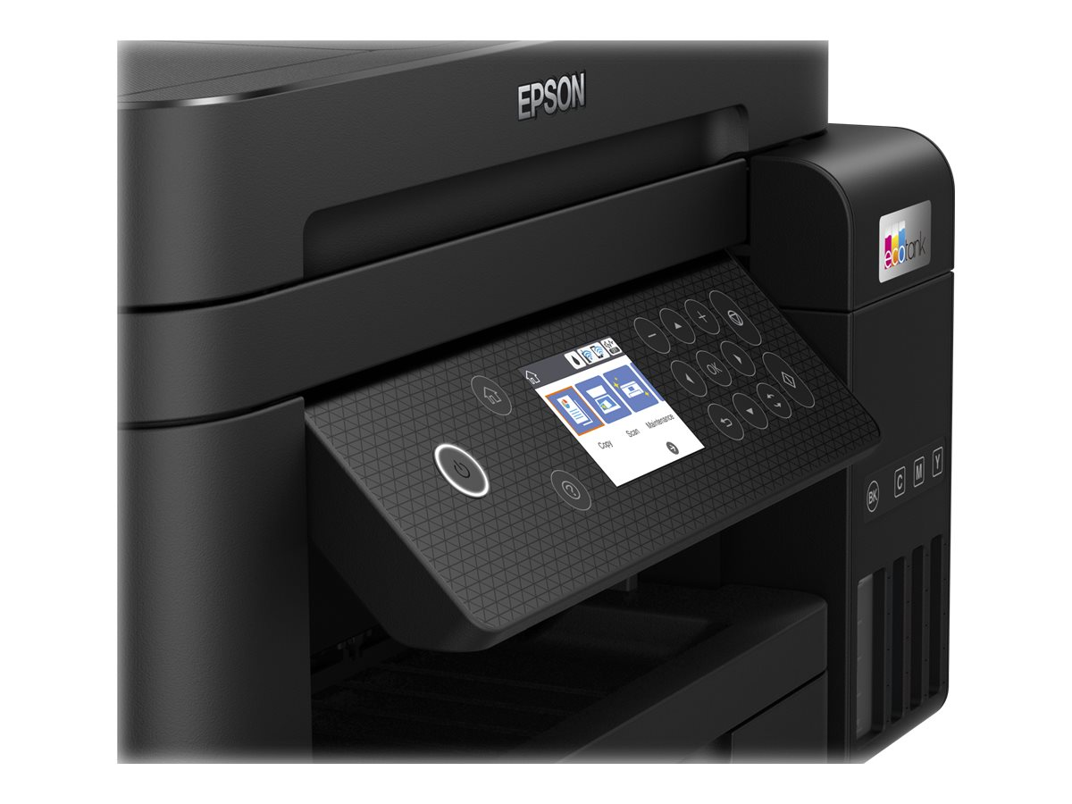 Schwarzer Epson-Drucker mit Bildschirm und Knöpfen. Ein weißer Hintergrund.