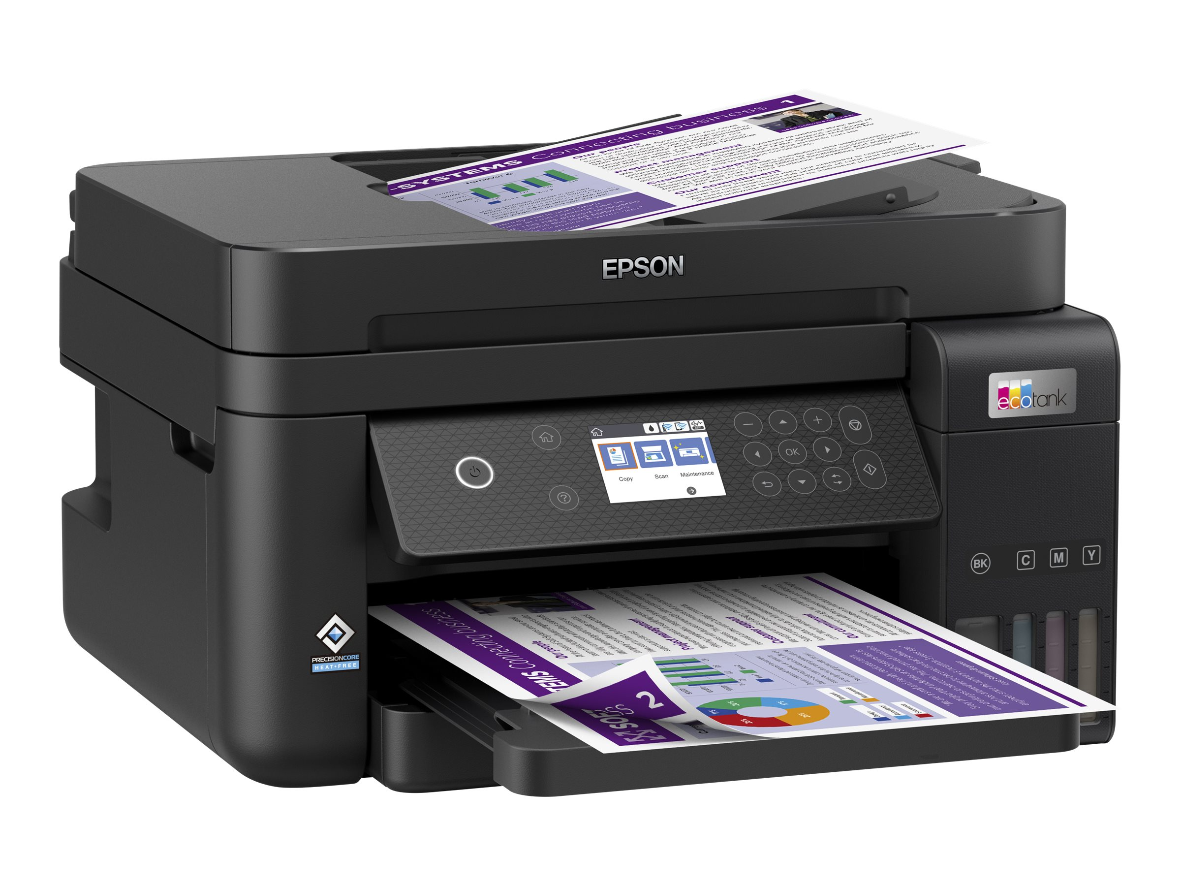 Schwarzer Epson-Drucker mit Papieren in den Ein- und Ausgabefächern. Der Drucker druckt ein Dokument.
