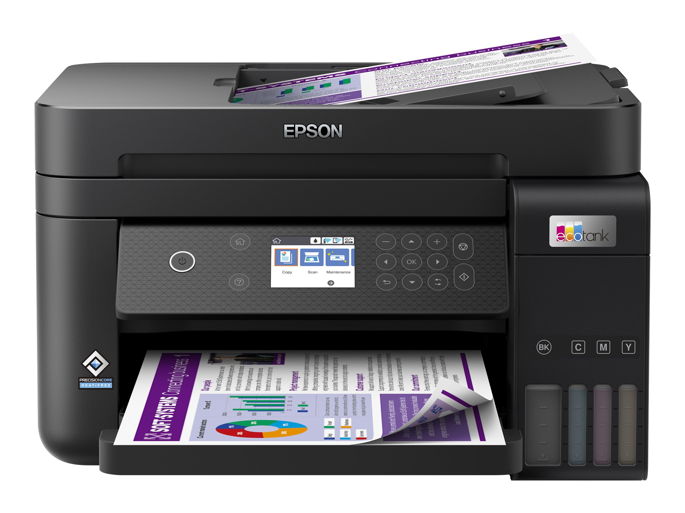 Ein Epson Ecotank-Drucker. Er hat ein Papierfach mit gedruckten Dokumenten und Tintenbehälter an der Seite.