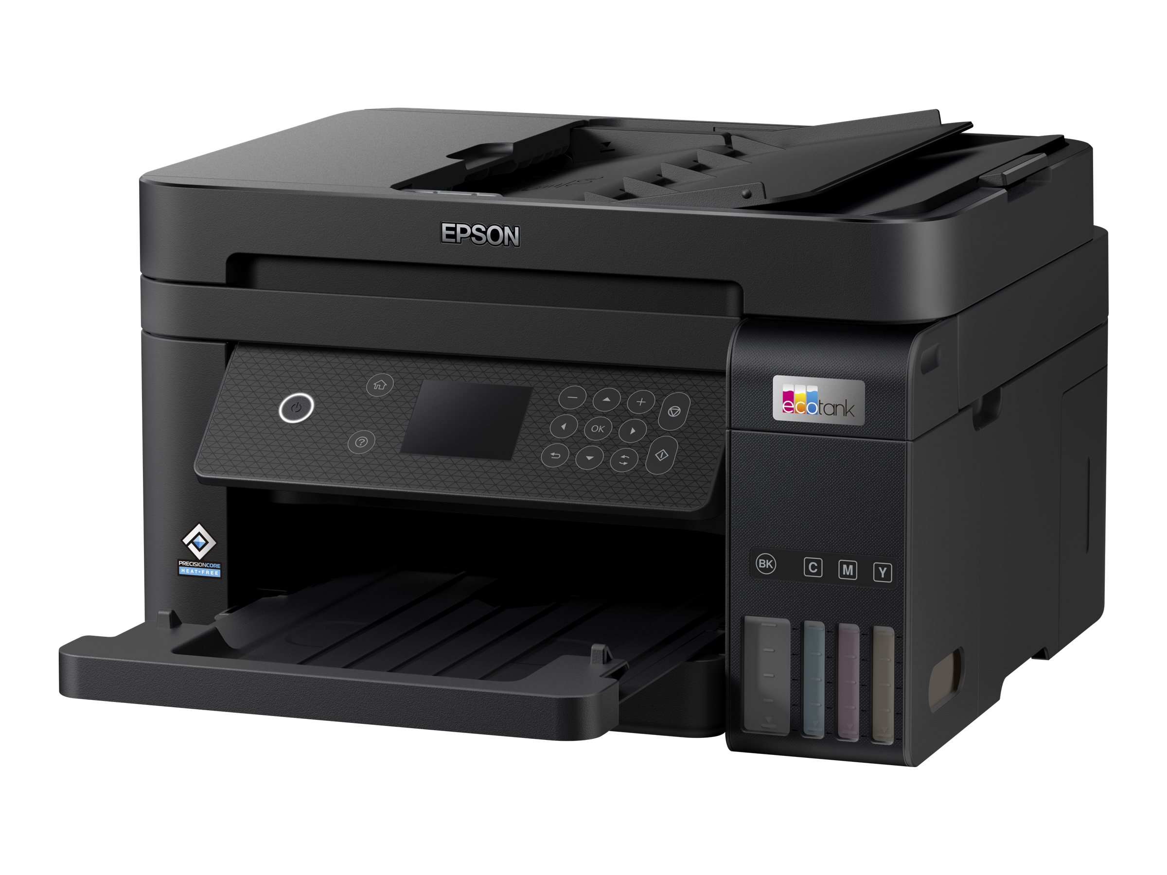 Schwarzer Epson-Drucker mit offenem Papierfach und Tintenbehältern, auf weißem Grund.