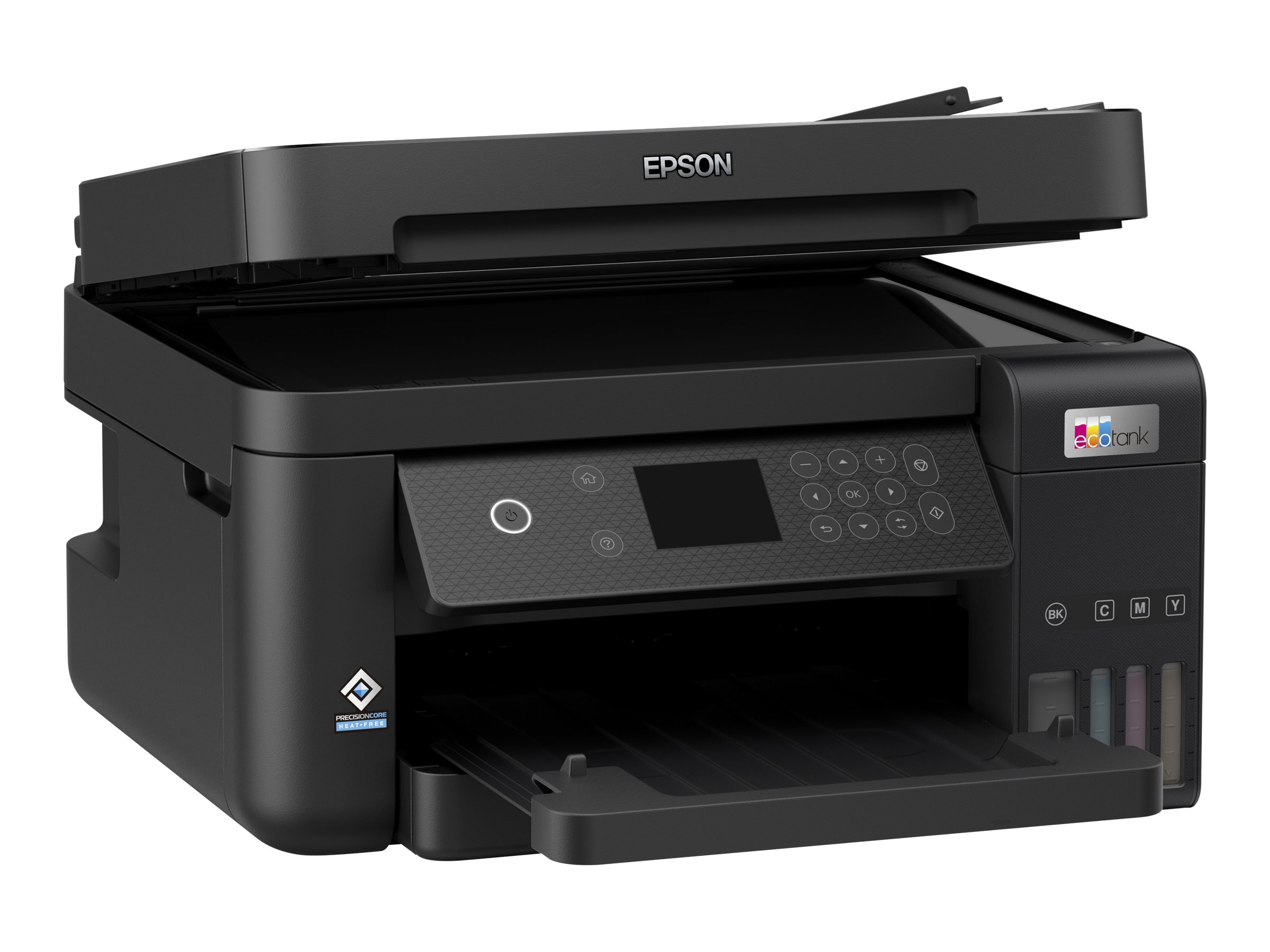 Schwarzer Epson EcoTank Drucker mit offenem Deckel und Bedienfeld.