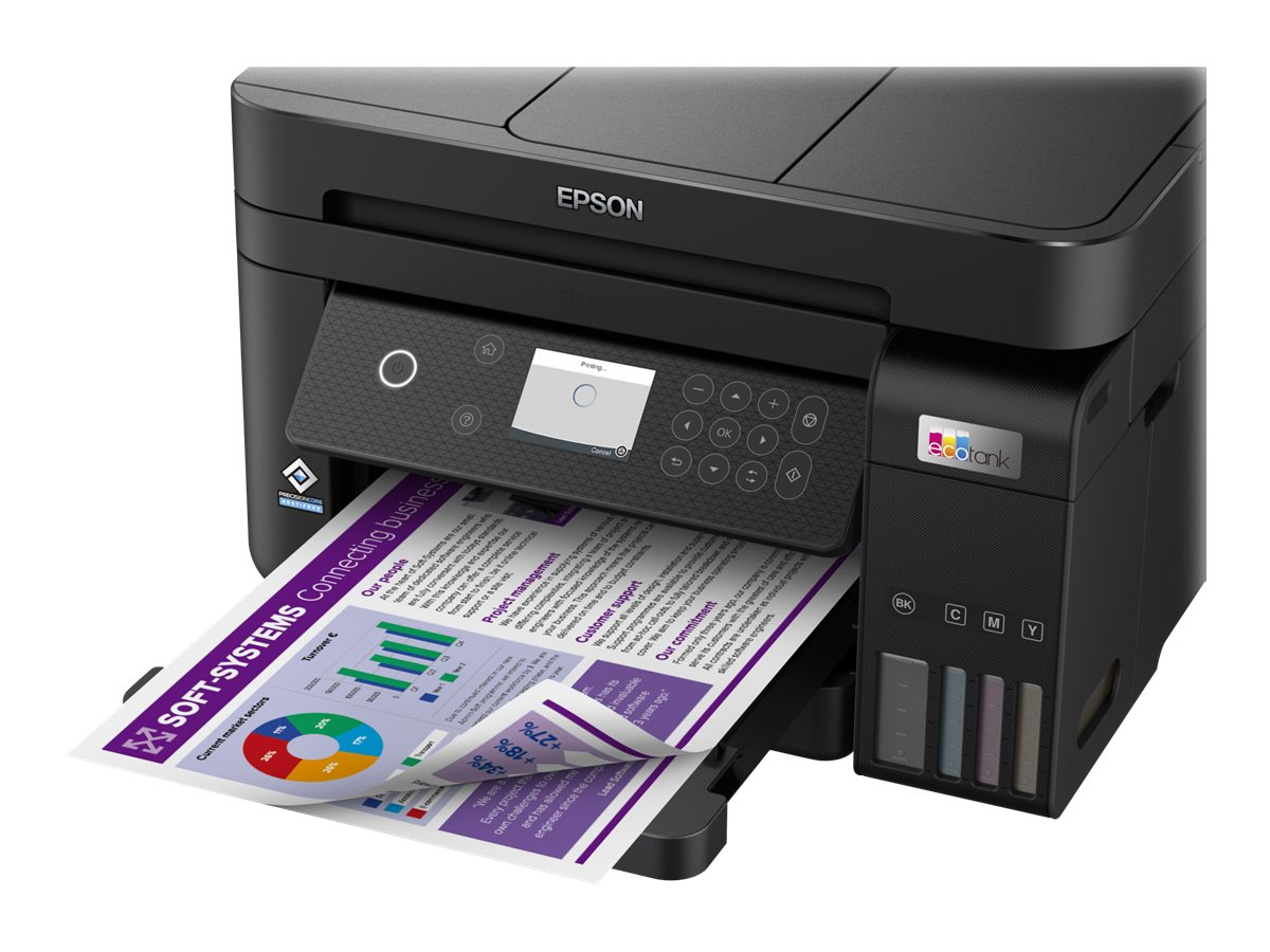 Ein Epson-Drucker druckt ein Dokument. Das Papier zeigt Diagramme und Diagramme mit Farben.