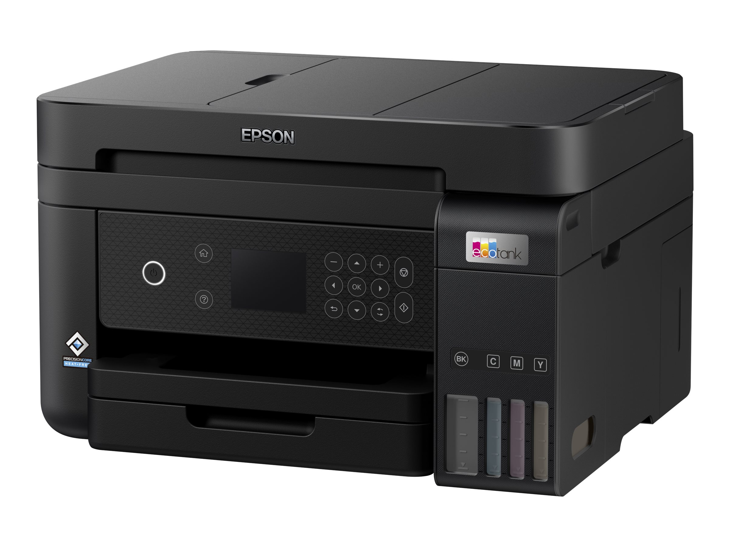 Ein schwarzer All-in-One-Drucker mit Tintenbehältern und Bedienfeld.