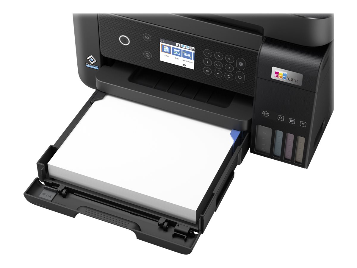 Epson-Drucker mit geöffnetem Papierfach, gefüllt mit weißem Papier. Schwarz-Weiß-Drucker auf weißer Oberfläche.
