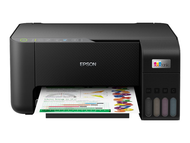 Epson Ecotank-Drucker, schwarz, druckt eine farbenfrohe Seite. Tintenbehälter sind auf der rechten Seite sichtbar.