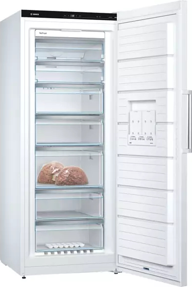Congélateur blanc avec porte ouverte, révélant tiroirs et contenu. Tiroirs transparents.