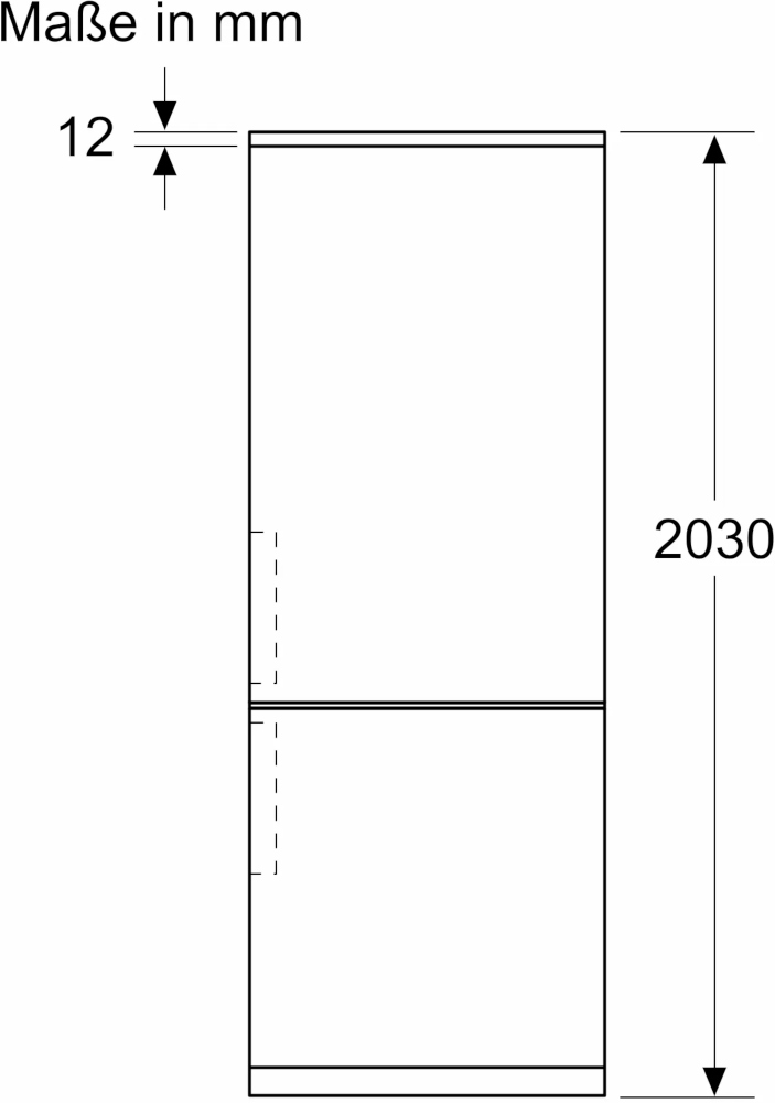 Diagram van een koelkast met afmetingen: 2030 mm hoog en 12 mm dik.