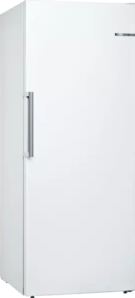 Réfrigérateur blanc avec poignée argentée. Design épuré et moderne.