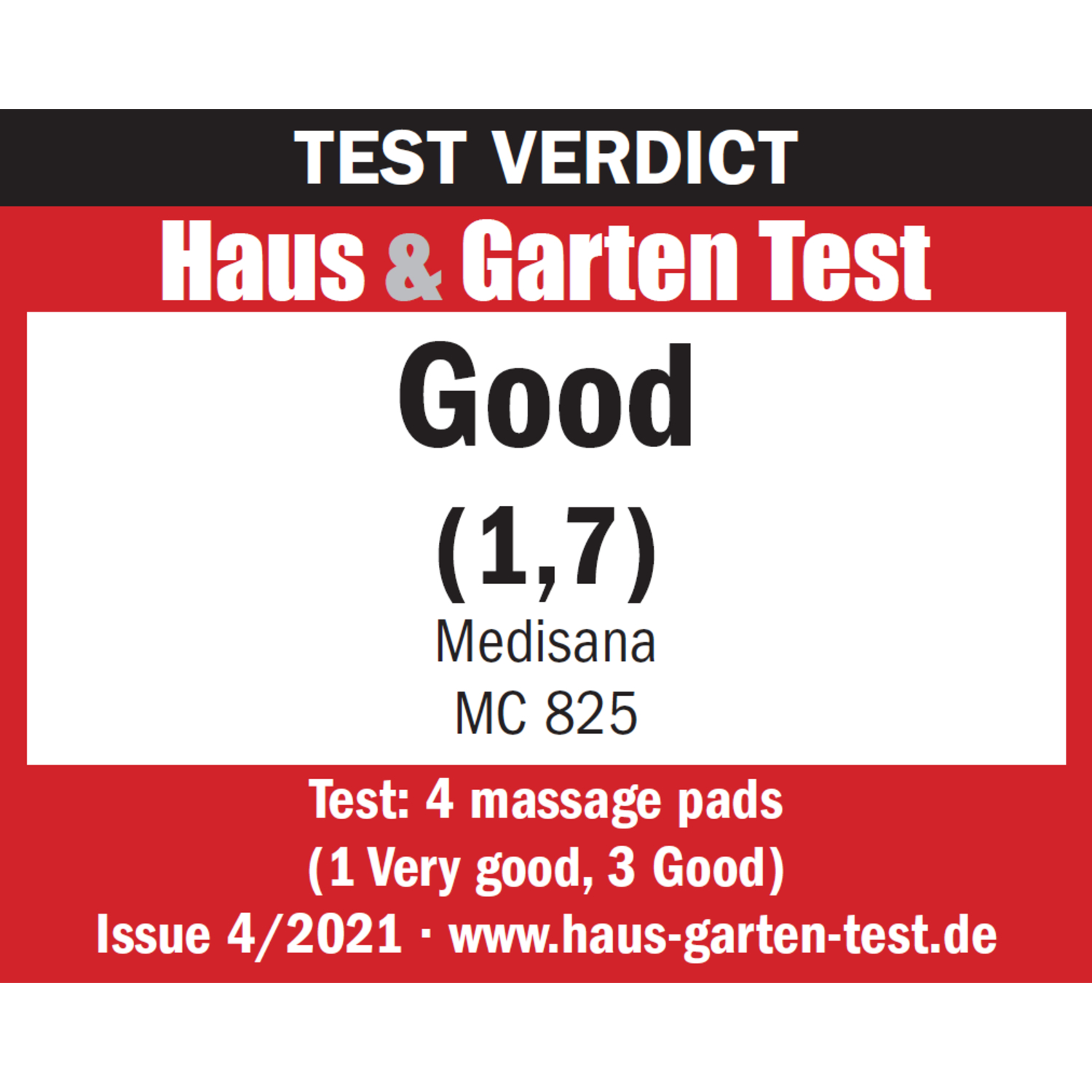 Ein Produktbericht mit Text: Haus & Garten Test. Gut (1,7). Medisana MC 825.