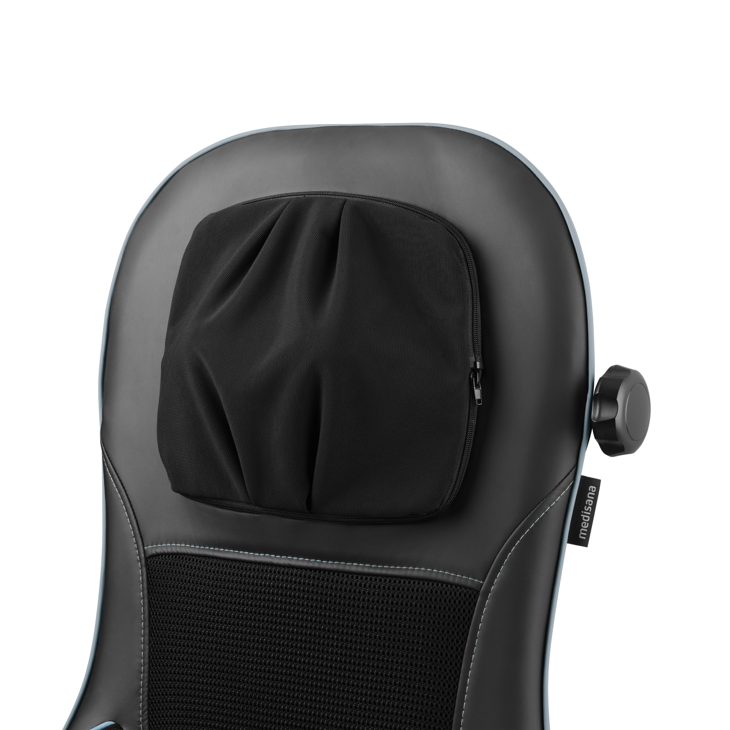 Nahaufnahme einer schwarzen Massage-Sessel-Kopfstütze mit schwarzem Beutel und Medisana-Logo.