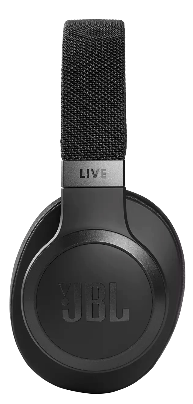 Fekete JBL LIVE fejhallgató, LIVE felirattal a fejpánton, fekete háttéren.