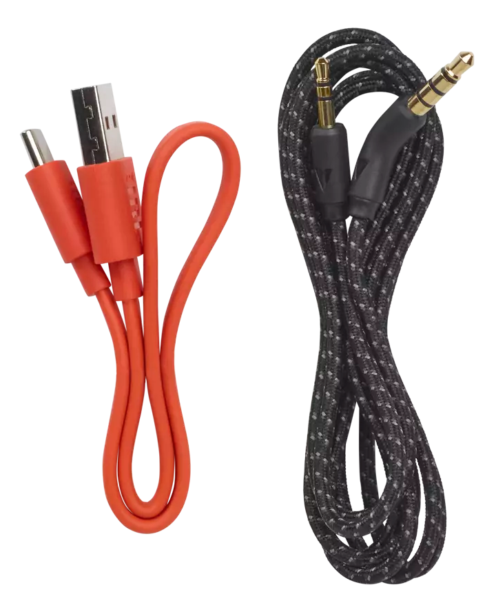 Két narancssárga és fekete kábel. Az egyik USB, a másik audio.