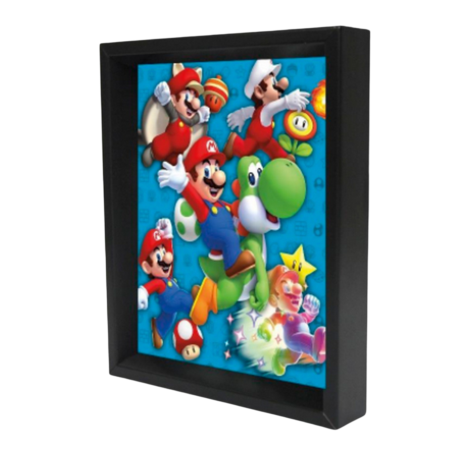 Una imagen enmarcada con varios personajes de Mario. El marco es negro.