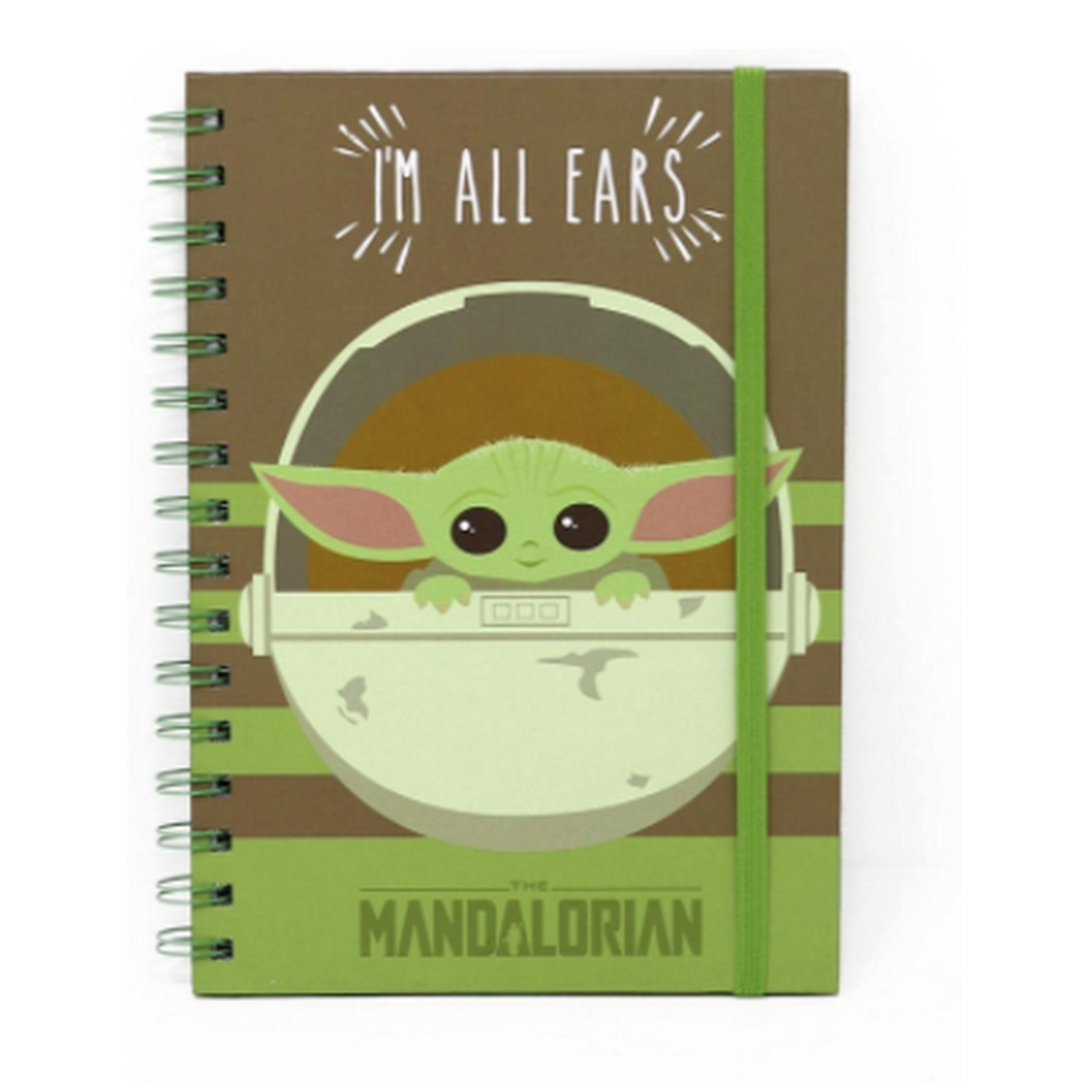 Cuaderno con Grogu de The Mandalorian. Lomo verde, cubierta marrón y verde.