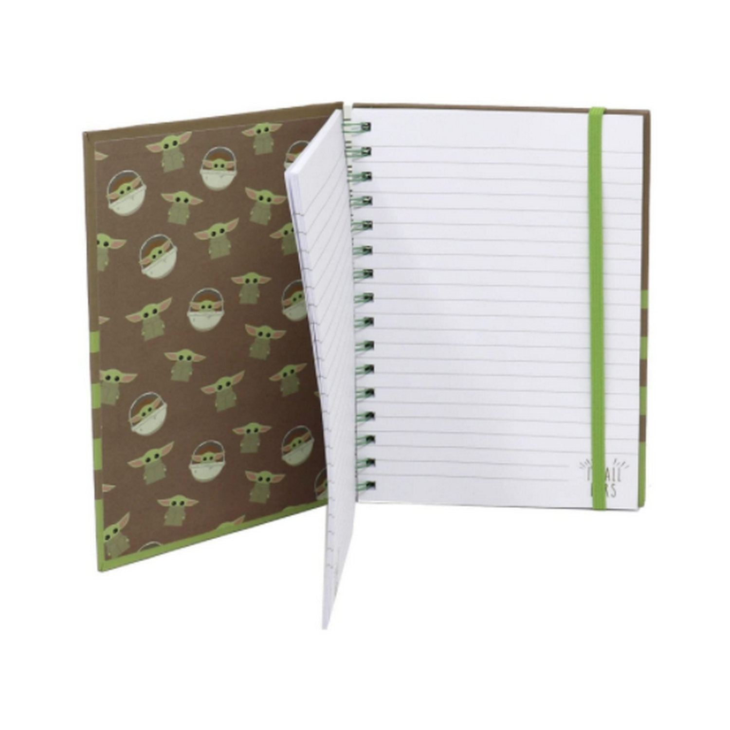 Cuaderno con portada de Baby Yoda, abierto en páginas rayadas con una banda verde.