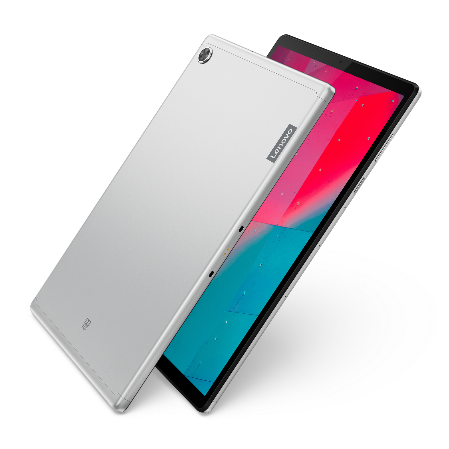 Dos tabletas plateadas, una ligeramente abierta mostrando una pantalla roja y azul, fondo blanco.
