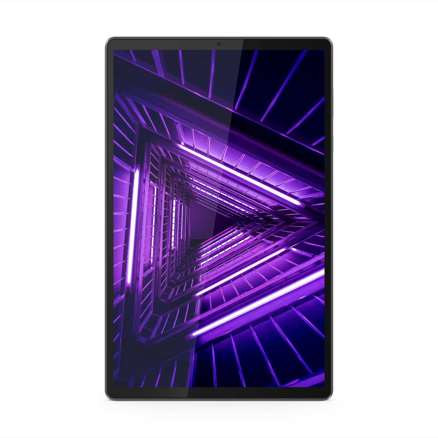 Una tableta Lenovo negra que muestra una escalera geométrica iluminada en púrpura.