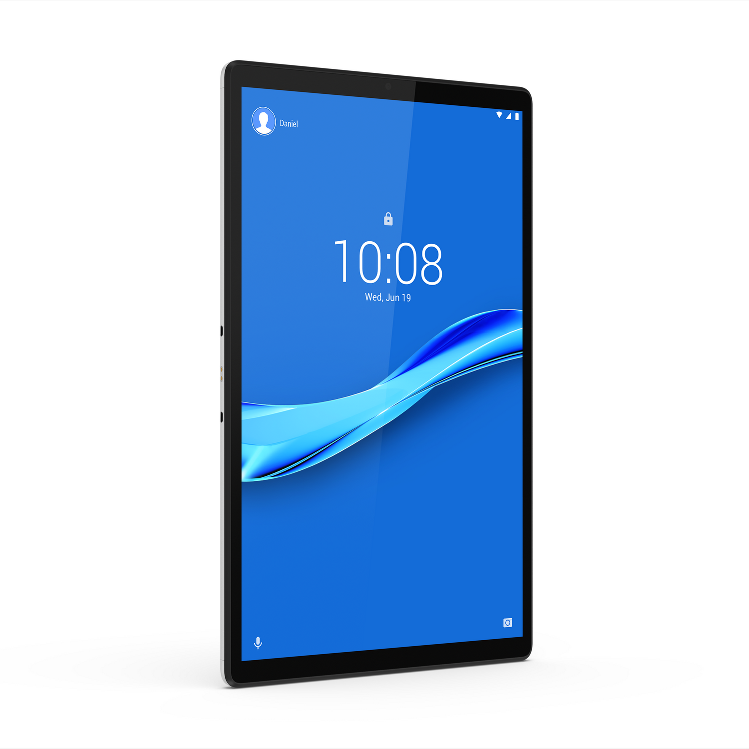 Tableta Lenovo con pantalla azul mostrando hora e icono de usuario.