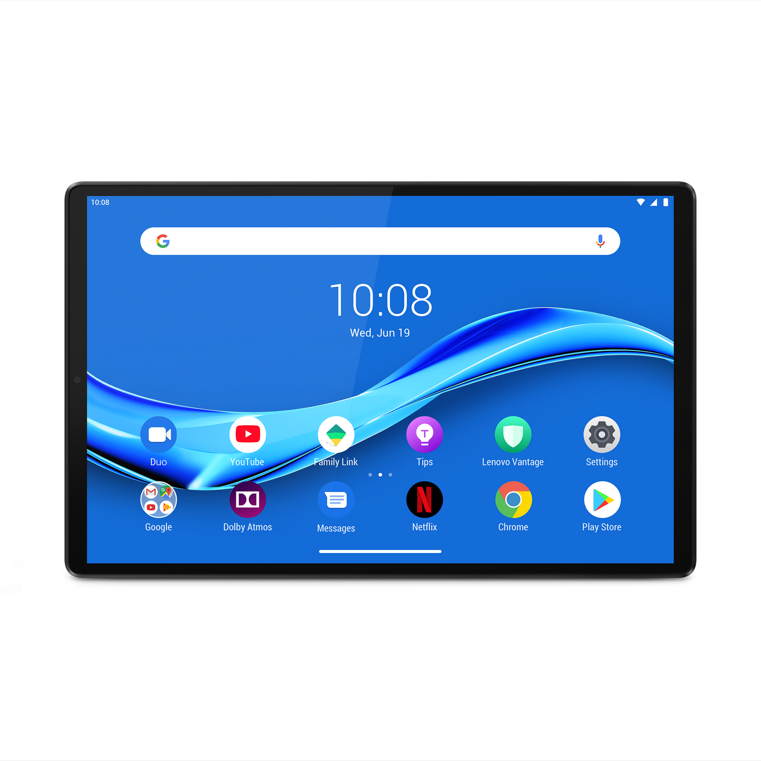 Una tableta muestra la pantalla de inicio con iconos de aplicaciones. La hora es 10:08. Un diseño de onda azul está en el fondo.