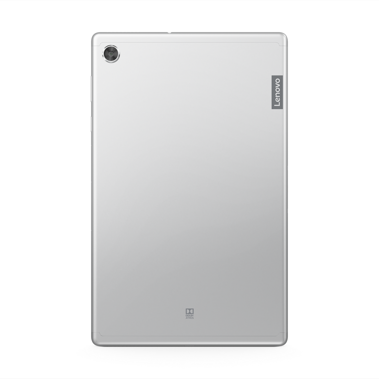 Una tableta Lenovo plateada sobre un fondo blanco. Muestra una cámara y el logotipo de Lenovo.