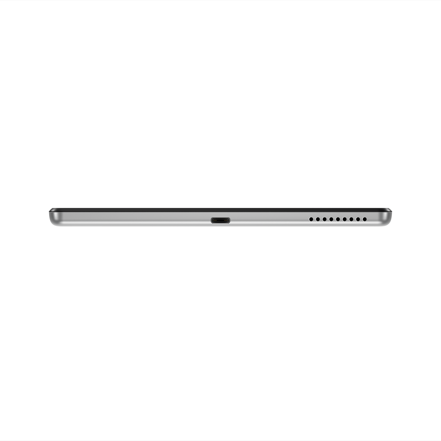 Una tableta, vista de lado, mostrando un puerto USB-C y altavoces.