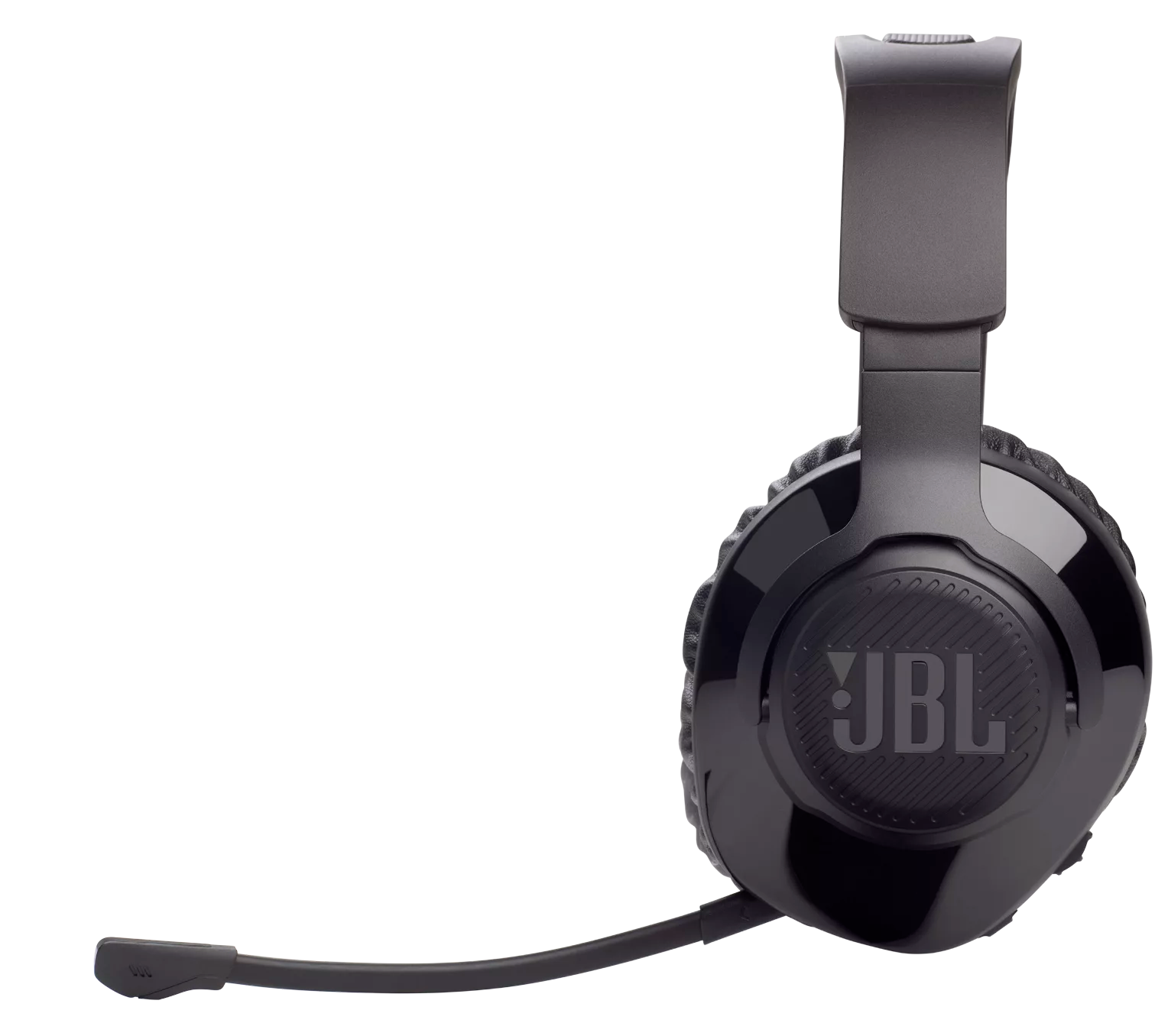Fekete JBL fejhallgató mikrofonnal. JBL logó a fülpárnán, fekete háttér.