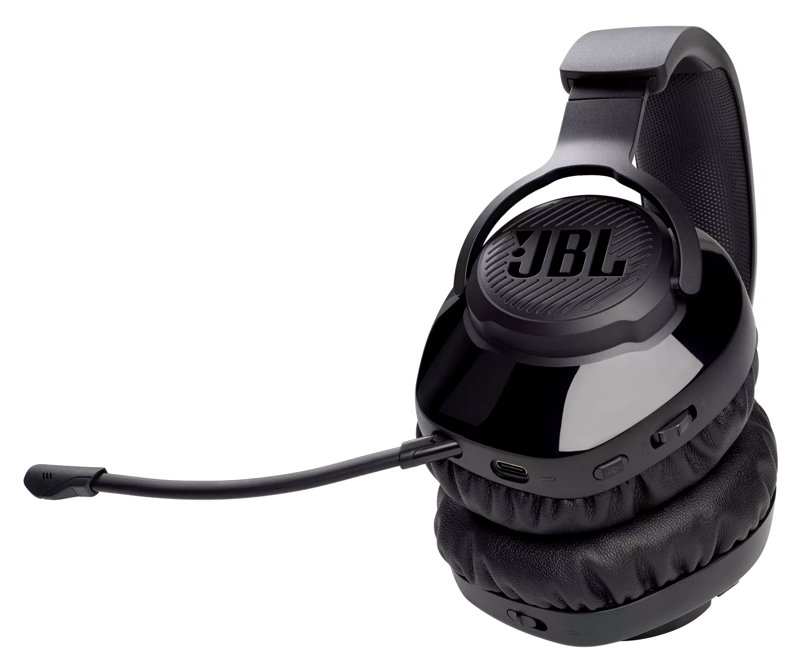 Fekete JBL fejhallgató mikrofonnal. A fejhallgató fekete háttéren van.