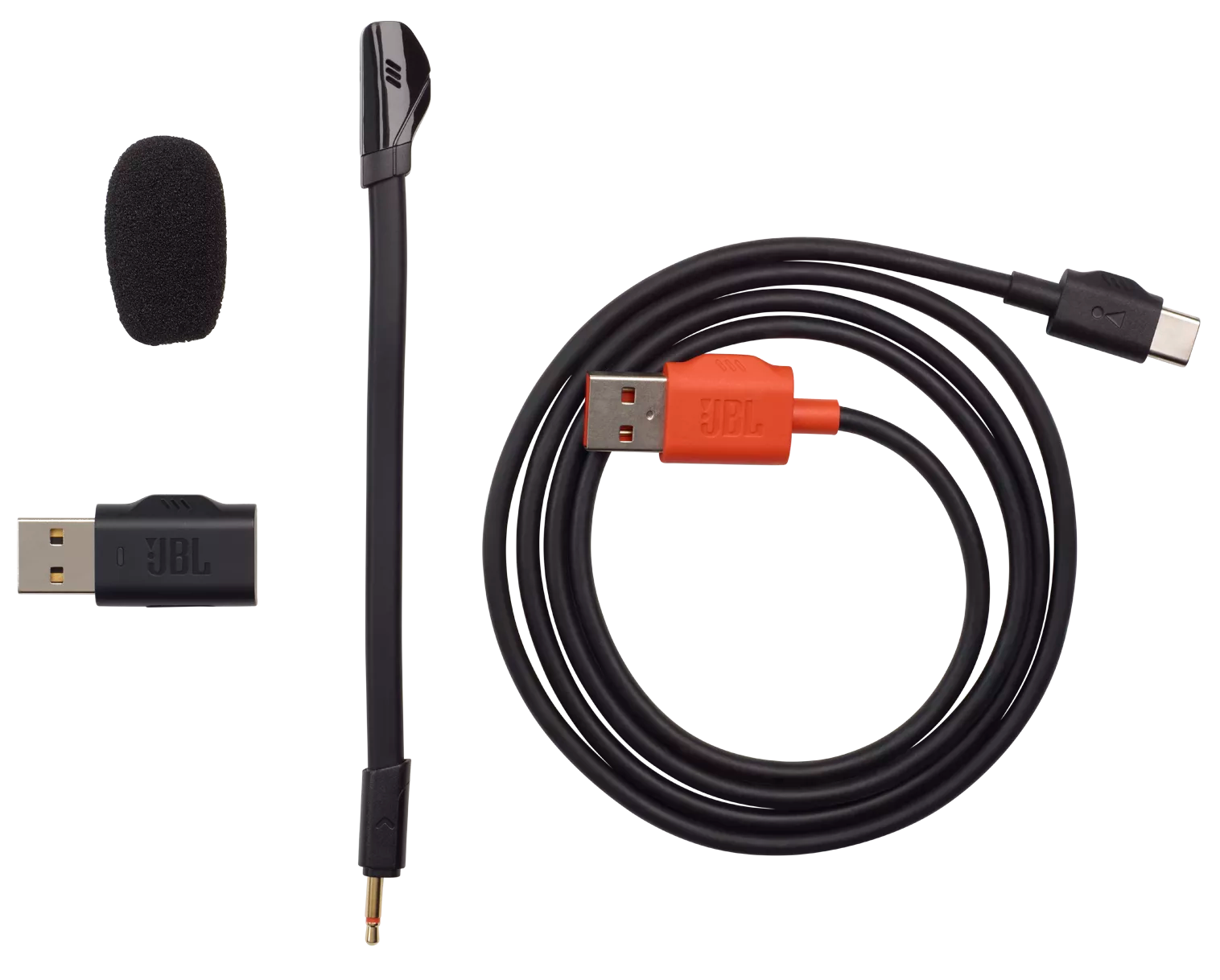 JBL gaming headset tartozékok: mikrofon, USB adapter, kábel.
