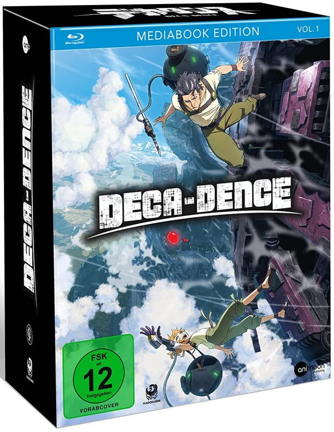 Anime-DVD-Box-Set mit zwei Figuren, die auf einem Gebäude klettern. Der Titel lautet Deca-Dence.