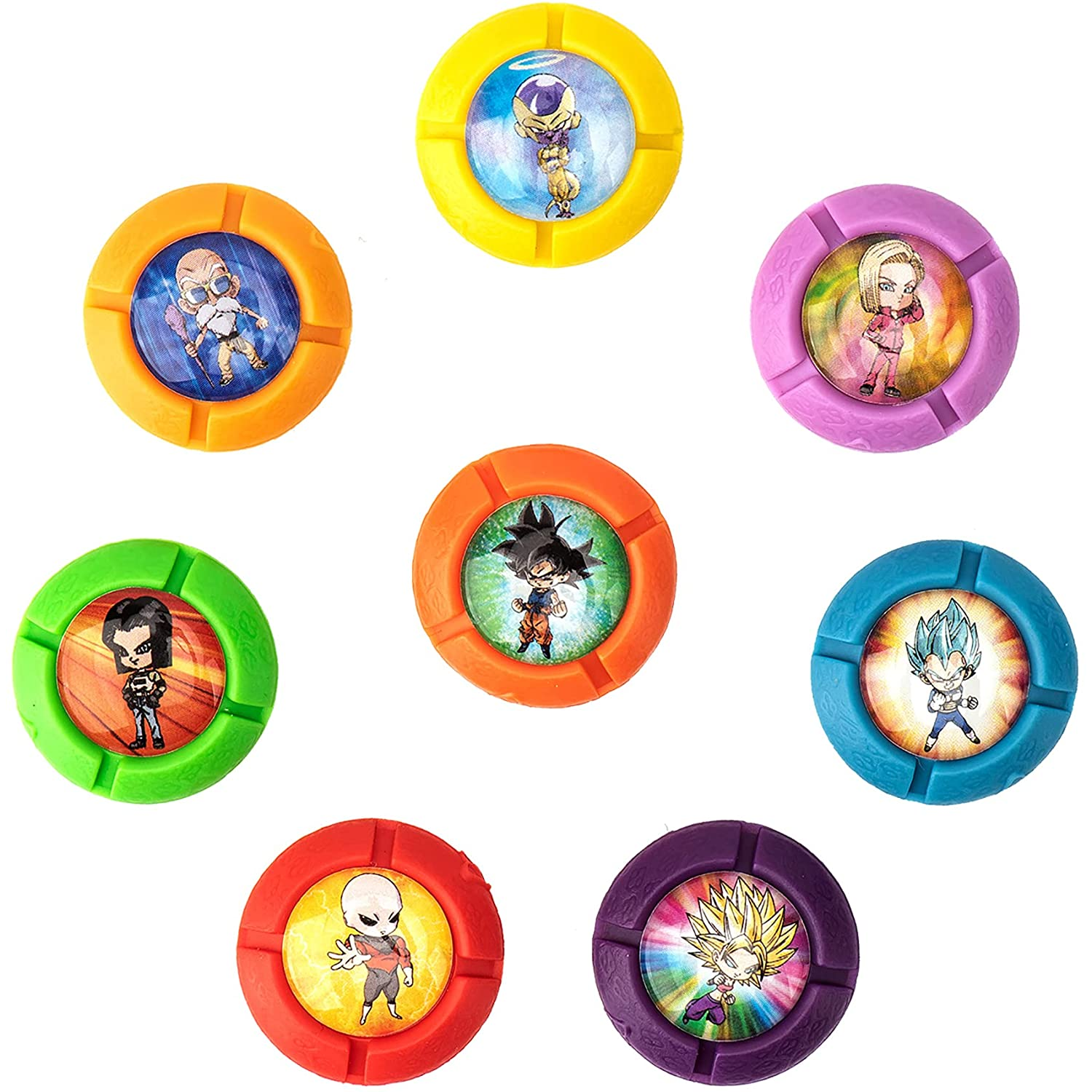 Juguetes circulares con personajes de dibujos animados. Varios colores. Temática de Dragon Ball Z. Brillante y colorido.