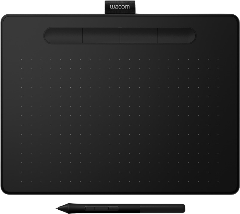Fekete Wacom rajztábla és egy toll. A táblán gombok és textúrált felület van.