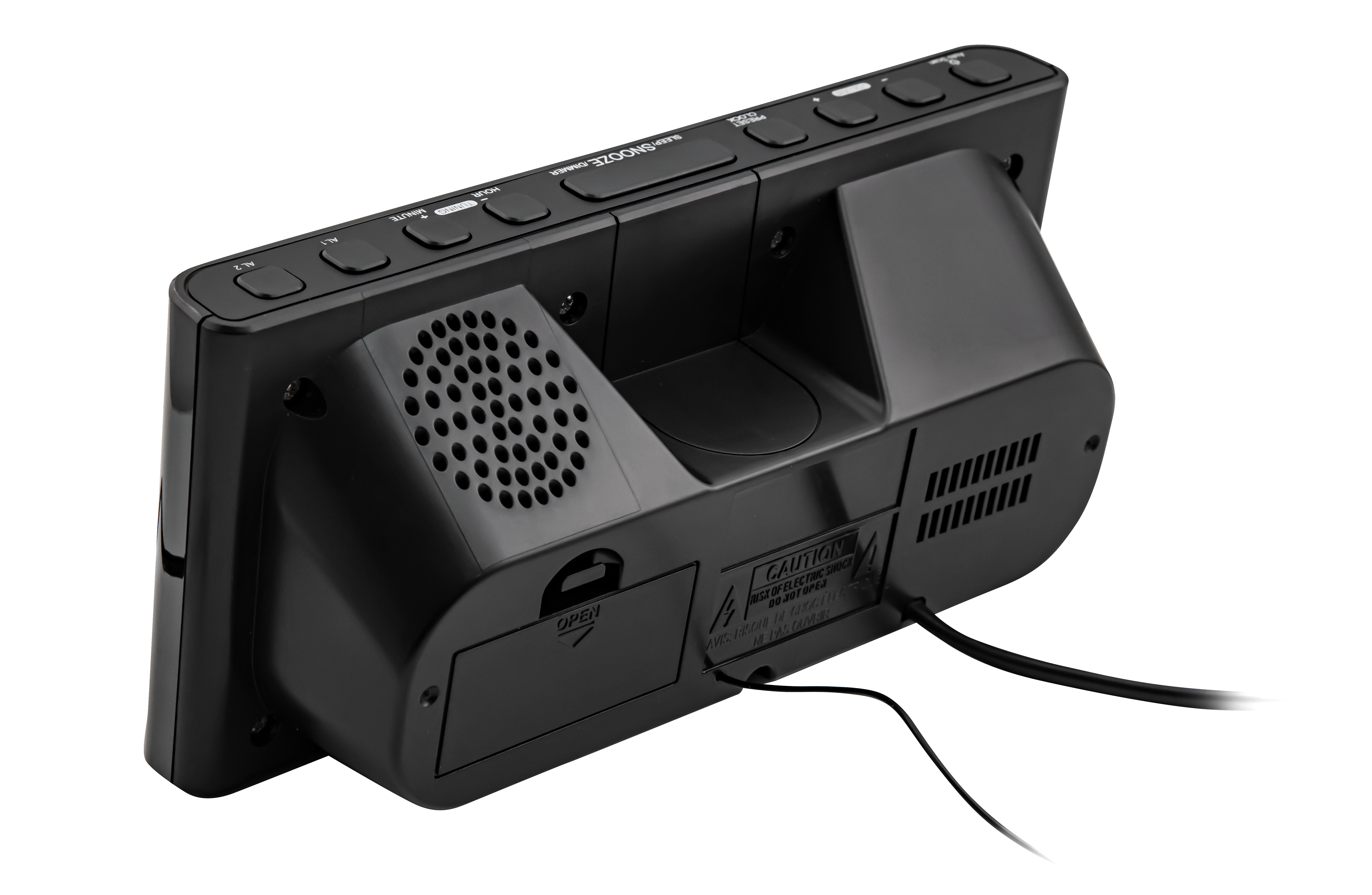 Schwarzer digitaler Wecker, Rückansicht, mit Knöpfen und Netzkabel.