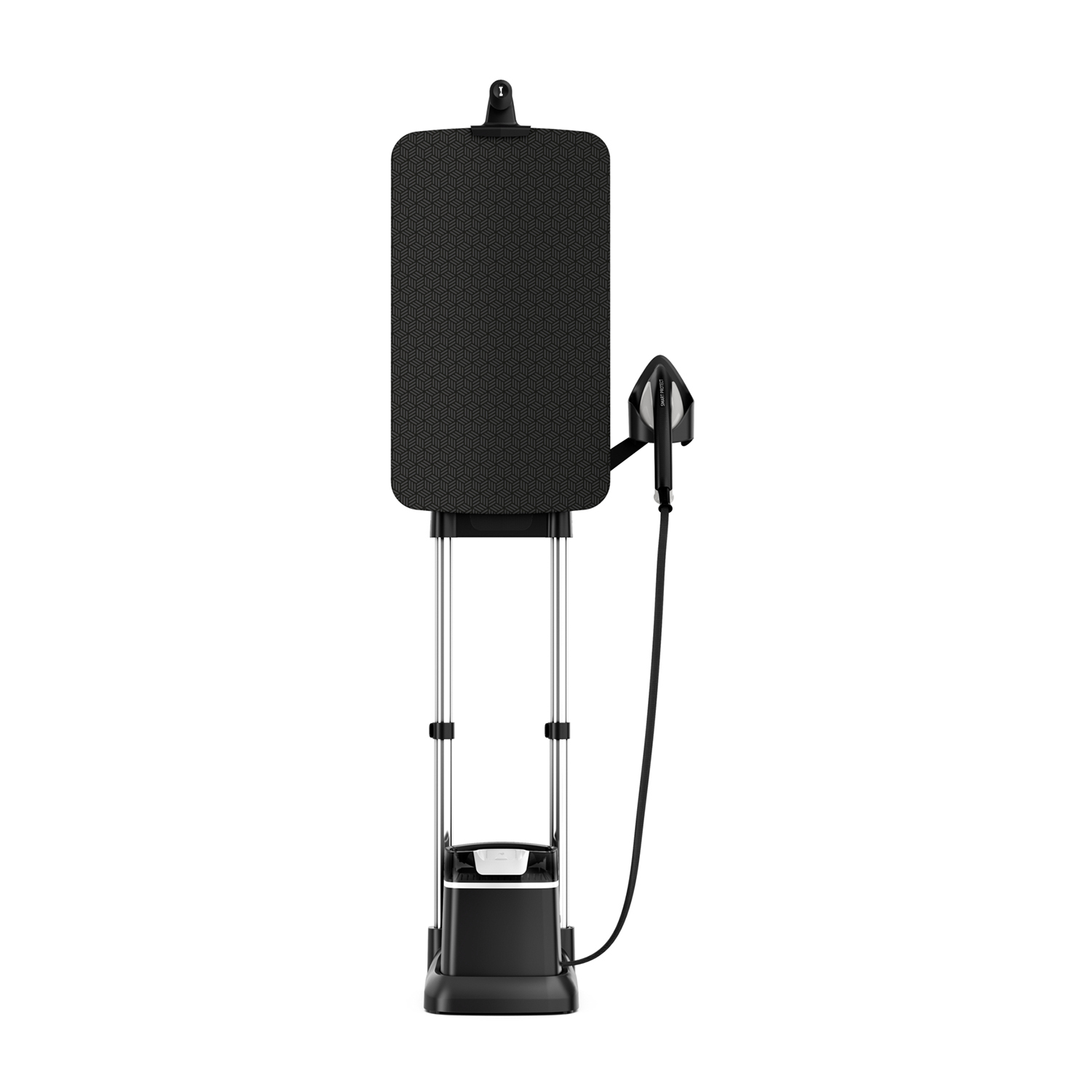 Vaporizzatore per indumenti nero su sfondo bianco. Ha una testa a vapore e un appendiabiti.