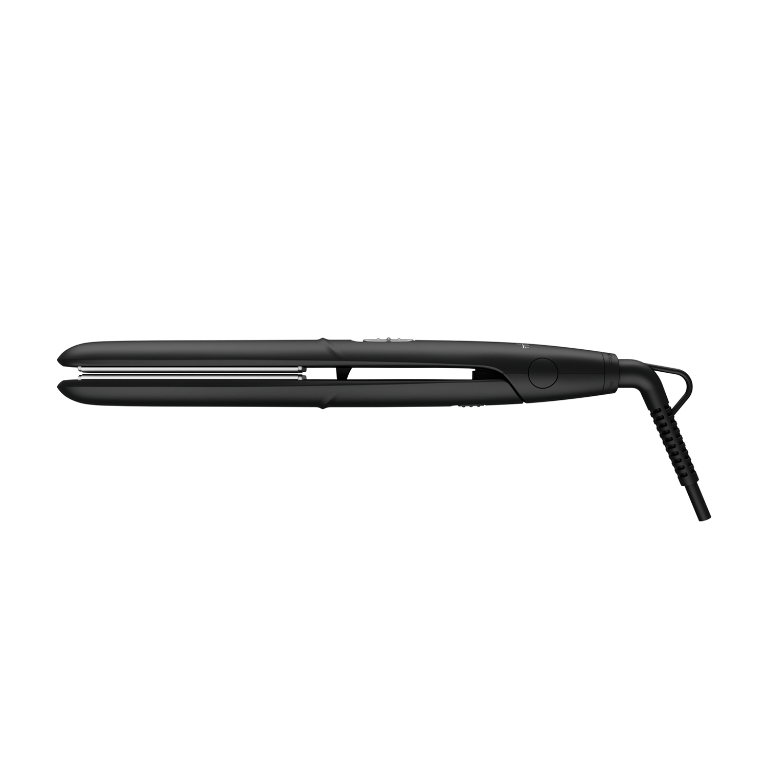 Piastra per capelli nera su sfondo bianco.