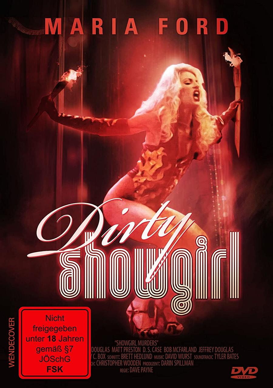Filmcover: Frau mit Flammen, Titel „Dirty Showgirl“. Rotes und schwarzes Farbschema.
