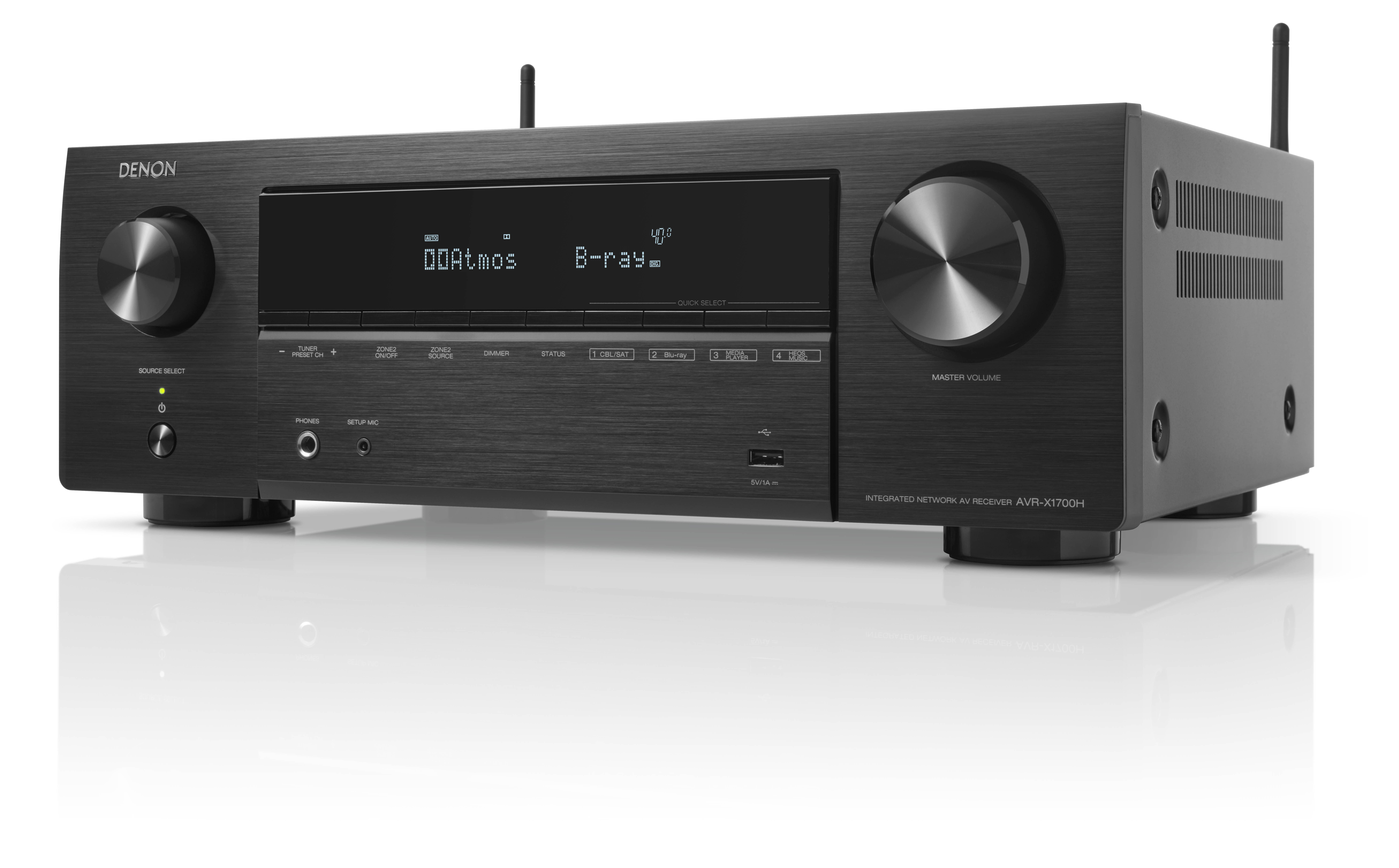Schwarzer Denon-Receiver mit Display, Knöpfen und Antennen.