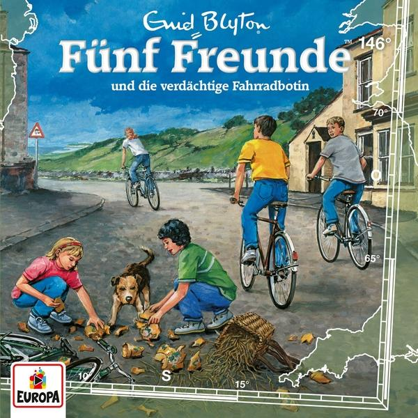 Buchcover: Kinder auf Fahrrädern, Hund, Karte und Text auf Deutsch. Der Hintergrund zeigt eine Straße.