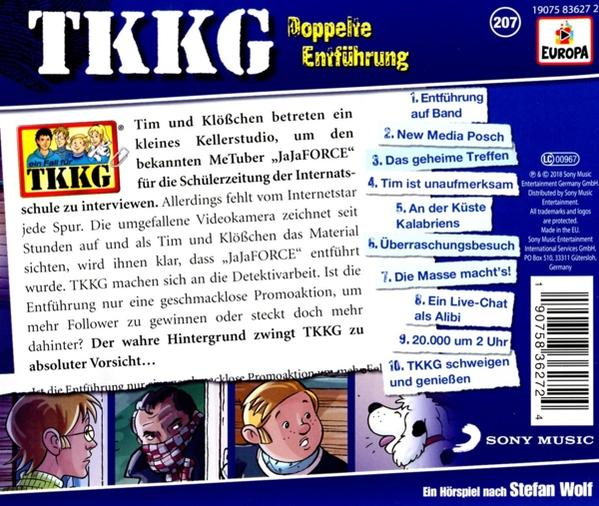 Die Rückseite einer TKKG-Hörspiel-CD-Hülle mit Text und Illustrationen.