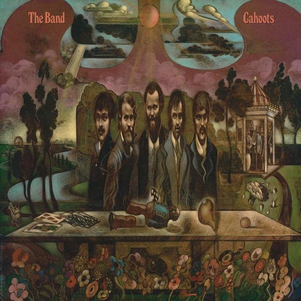 Albumhoes: The Band, Cahoot, met vijf mannen en een tafel met een schilderij.