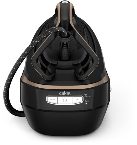 Close-up of a black and gold iron with a hose and control buttons.