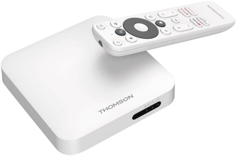 Fehér Thomson TV-doboz és távirányító. A távirányítón különböző gombok vannak.