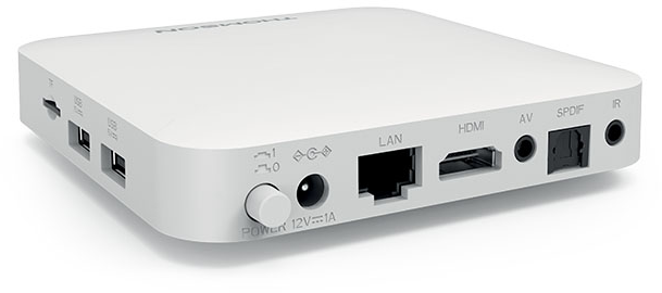 Egy fehér TV-doboz portokkal. Van rajta egy bekapcsológomb, USB, LAN, HDMI, AV és egyéb portok.