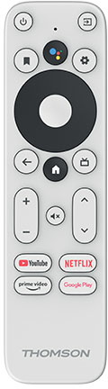 Fehér távirányító gombokkal. Be/ki, hangerő és streaming szolgáltatások.