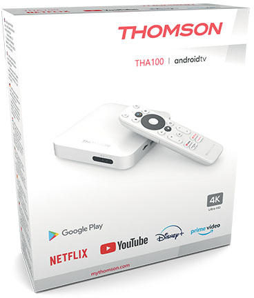 Egy fehér doboz Thomson Android TV készülékkel, távirányítóval és Google Play, Netflix logókkal.