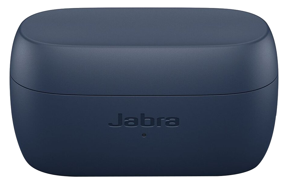 Sötétkék Jabra fülhallgató tok, elöl a Jabra logóval.