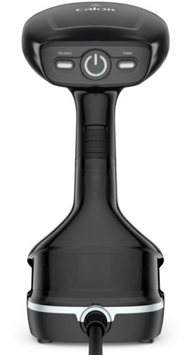 A black clothes steamer with a handle, buttons and a power cord. The brand name is Calon.