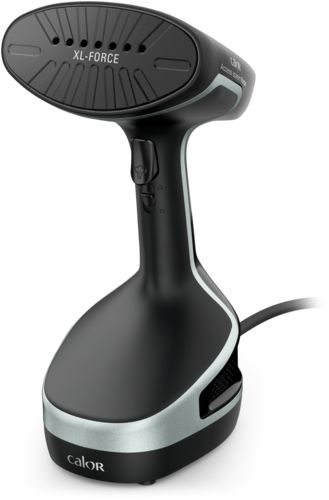 A black and silver Calor XL-FORCE garment steamer, with a black handle and silver accents.