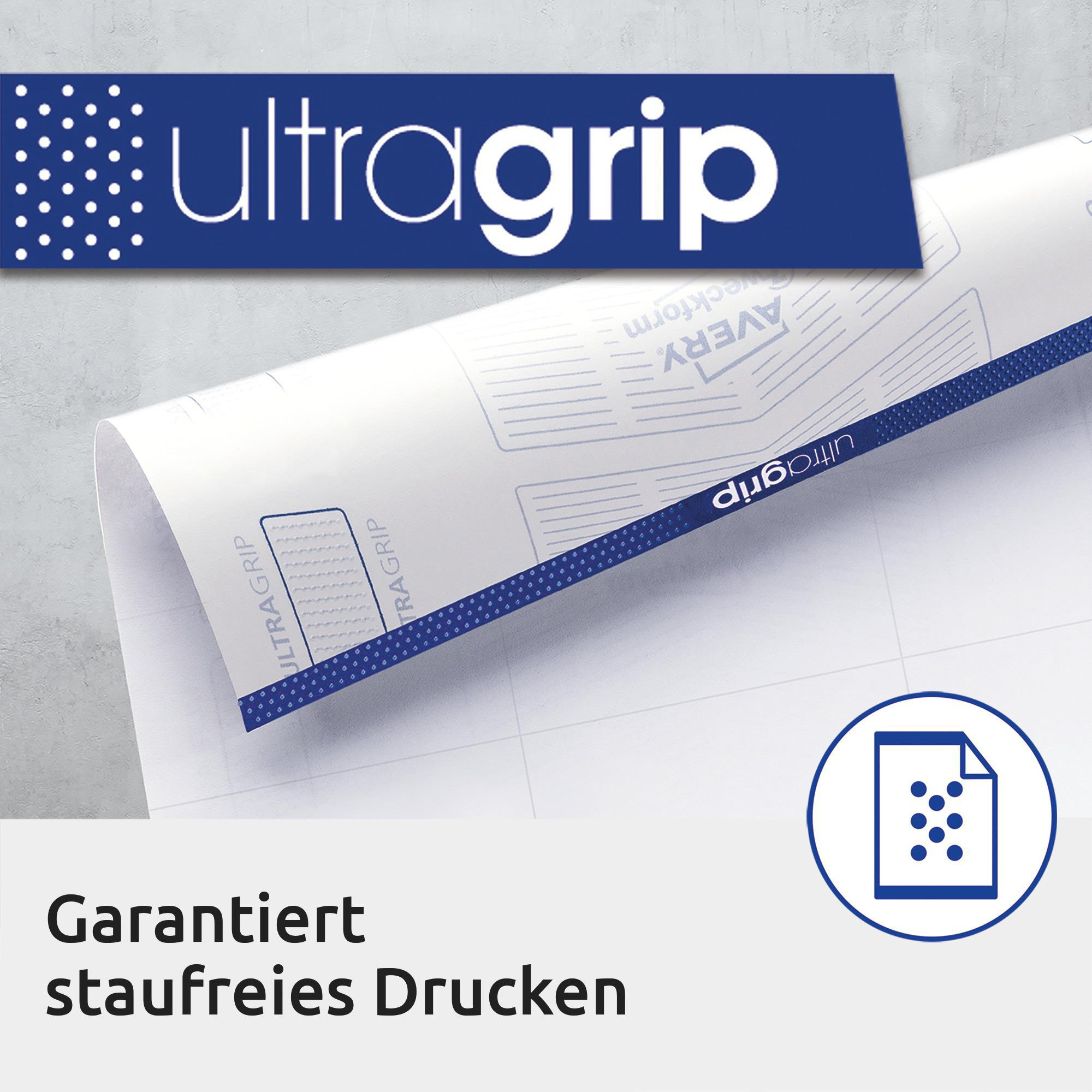 Weiße und blaue Aufkleberrolle. Der Text 'ultragrip' und 'Avery' sind auf dem Etikett sichtbar.