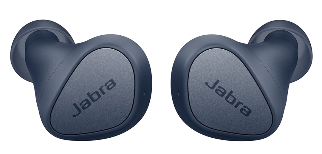 Két kék vezeték nélküli fülhallgató a Jabra logóval. Fekete háttéren vannak.